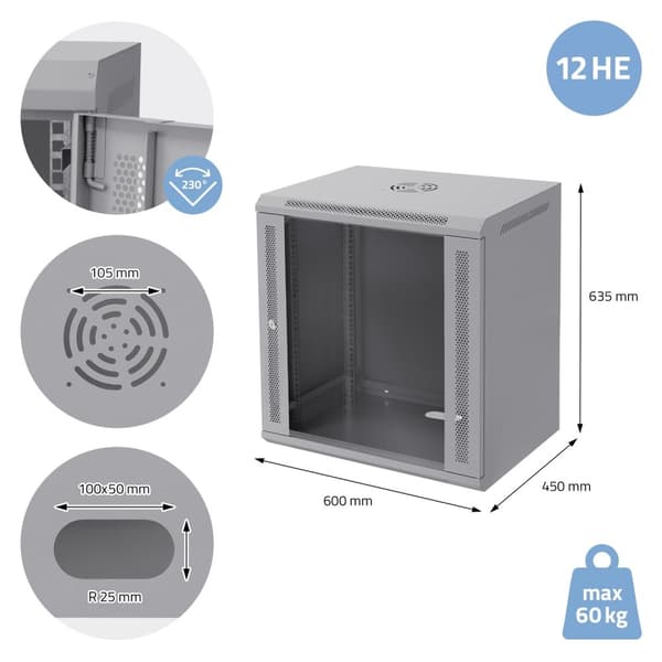 ECD Germany Verkkokaappi 12 U, palvelinkaappi 19 tuumaa, harmaa, seinäasennus, 450 mm syvyys, 600 x 635 x 450 mm, täysin koottu, palvelinkotelo