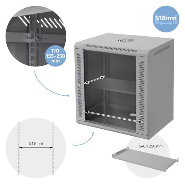 ECD Germany Verkkokaappi 12 U, palvelinkaappi 19 tuumaa, harmaa, seinäasennus, 450 mm syvyys, 600 x 635 x 450 mm, täysin koottu, palvelinkotelo