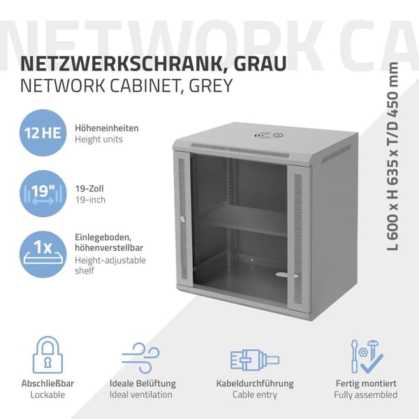 ECD Germany Verkkokaappi 12 U, palvelinkaappi 19 tuumaa, harmaa, seinäasennus, 450 mm syvyys, 600 x 635 x 450 mm, täysin koottu, palvelinkotelo
