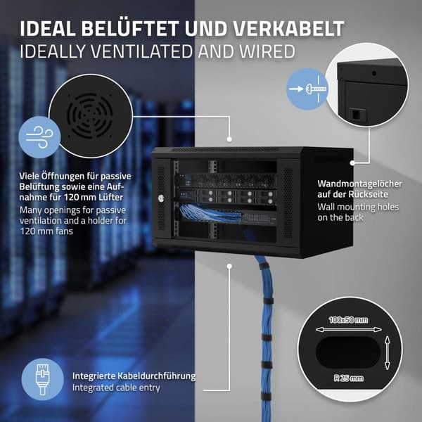 ECD Germany Netværksskab 6 U, serverskab 19 tommer, sort, vægmontering, 450 mm dybde, 600 x 370 x 450 mm, fuldt monteret, serverhus med låsbar