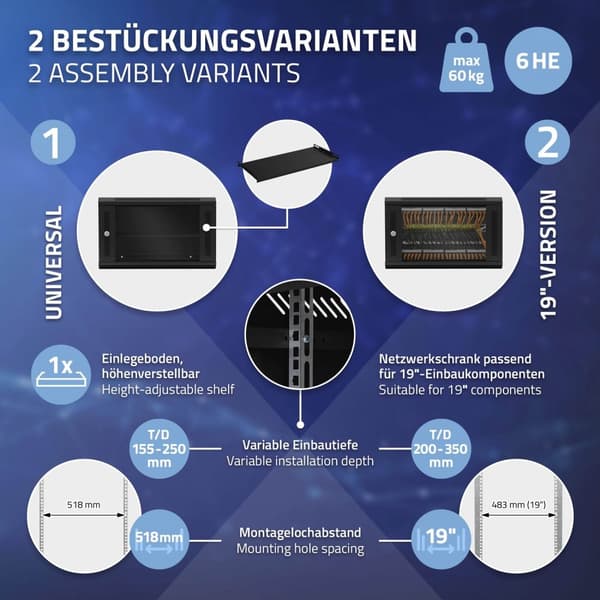 ECD Germany Netværksskab 6 U, serverskab 19 tommer, sort, vægmontering, 450 mm dybde, 600 x 370 x 450 mm, fuldt monteret, serverhus med låsbar