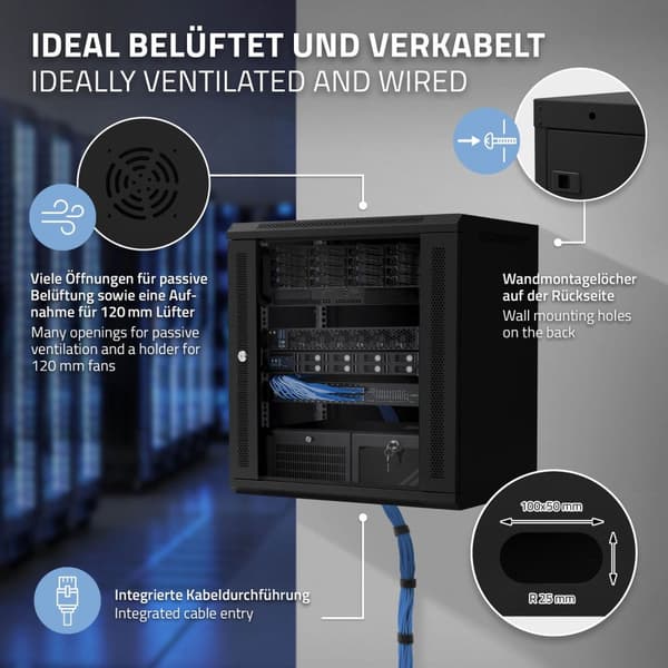ECD Germany Netværksskab 12 U, serverskab 19 tommer, sort, vægmontering, 450 mm dybde, 600 x 635 x 450 mm, færdigmonteret, serverhus med låsbar