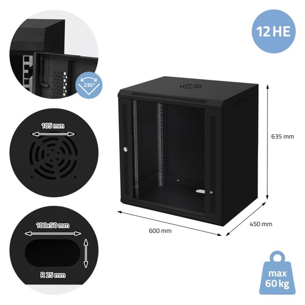 ECD Germany Nätverksskåp 12 U, serverskåp 19 tum, svart, väggmontage, 450 mm djup, 600 x 635 x 450 mm, färdigmonterat, serverhus med låsbar