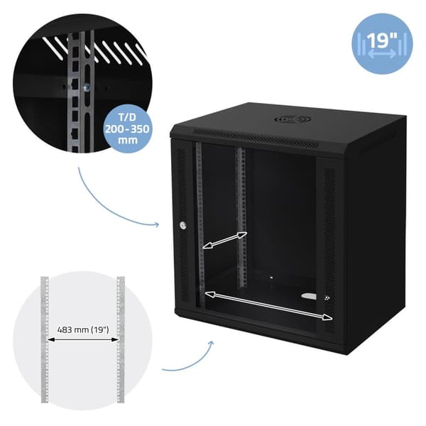 ECD Germany Nätverksskåp 12 U, serverskåp 19 tum, svart, väggmontage, 450 mm djup, 600 x 635 x 450 mm, färdigmonterat, serverhus med låsbar