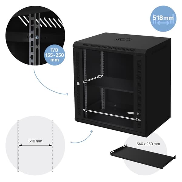 ECD Germany Nätverksskåp 12 U, serverskåp 19 tum, svart, väggmontage, 450 mm djup, 600 x 635 x 450 mm, färdigmonterat, serverhus med låsbar