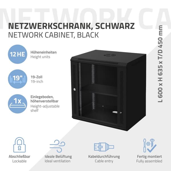 ECD Germany Nätverksskåp 12 U, serverskåp 19 tum, svart, väggmontage, 450 mm djup, 600 x 635 x 450 mm, färdigmonterat, serverhus med låsbar