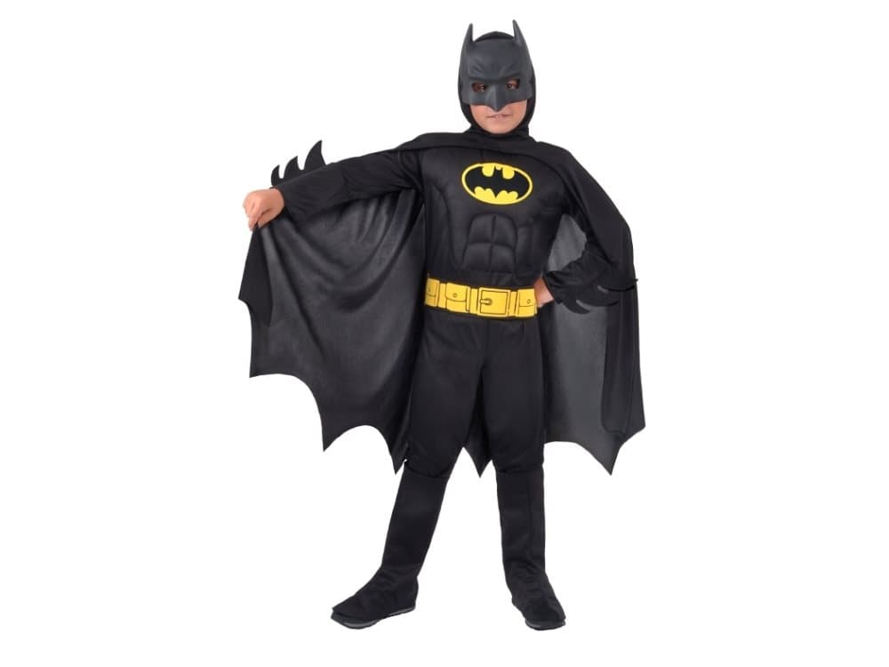 Batman Deluxe Costume with Muscles - Black (Headpiece with cape, jumpsuit with padded pectoral muscles, belt, overboots) - 3-4 years