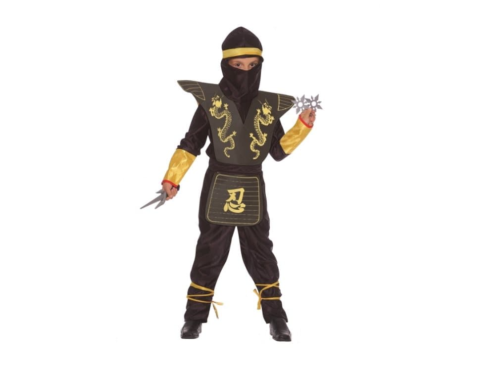 Black Ninja Deluxe Costume (Jumpsuit, printed bodice, belt, face cover and hood with band) - 10-12 years
