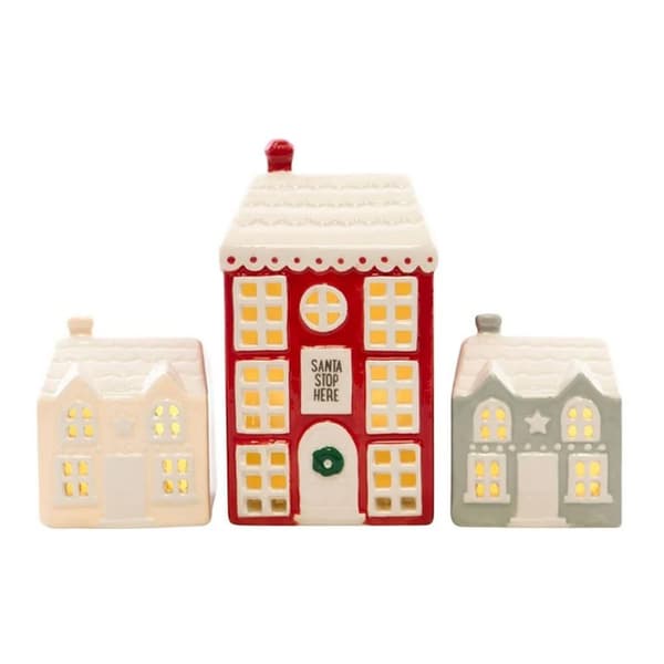 Something Different Houses Christmas Decoration Set (Pack of 3) Cream/Red One Size