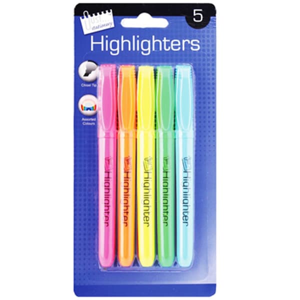 Just Stationery Bright Chisel Tip Highlighter Pens (Pack Of 5) Multicoloured One Size