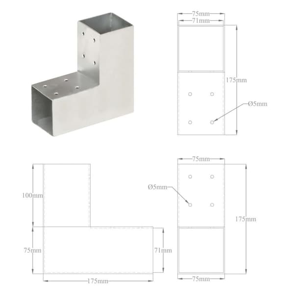 vidaXL Tolppaliittimet 4 kpl L-muoto galvanoitu metalli 71x71 mm