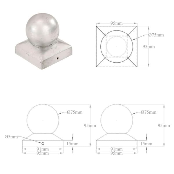 vidaXL Pallon muotoiset tolpan kärjet 6 kpl galvanoitu metalli 91x91mm