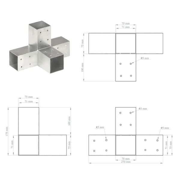 vidaXL Tolppaliittimet 4 kpl X-muoto galvanoitu metalli 71x71 mm