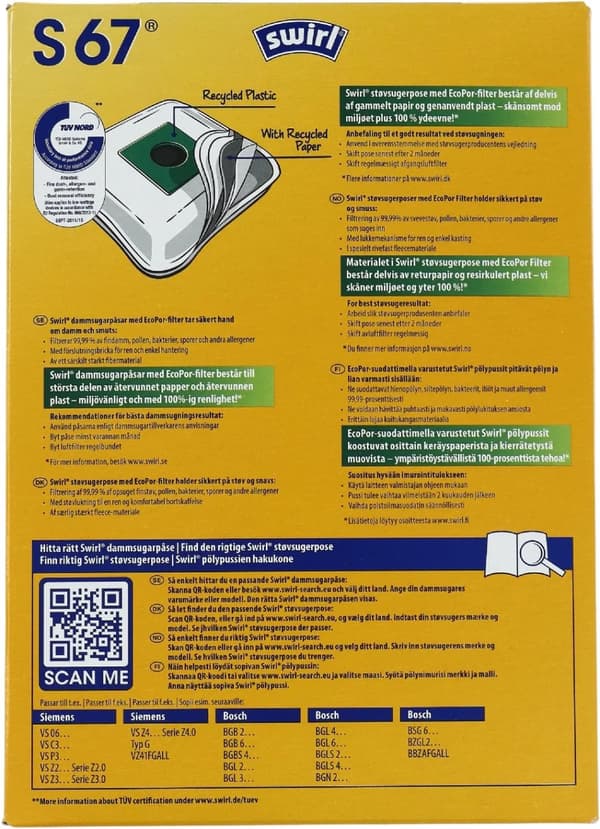 Swirl S 67 / 99775 Pölynimuripussit - 4 kpl. + 1 kpl. suodatin - Siemens, Bosch...