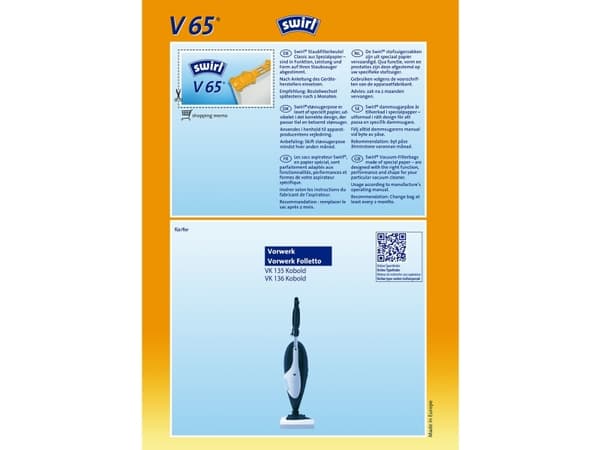 Swirl V 65, Dammpåse, Skaftdammsugare, Vit, papper, Vorwerk Vk 136