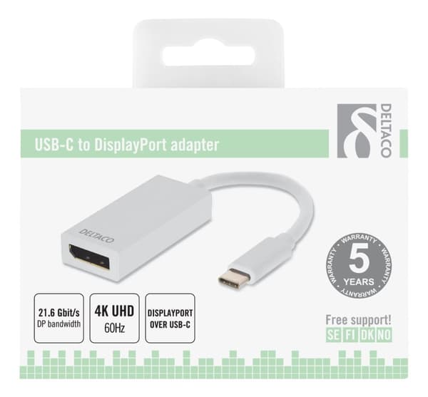 DELTACO USB 3.1 to DP adapter, Type C ma - DP fe, 4K, UHD, white