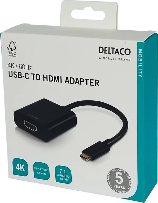 DELTACO, USB 3.1 til HDMI adapter, USB-C han - HDMI hun, sort