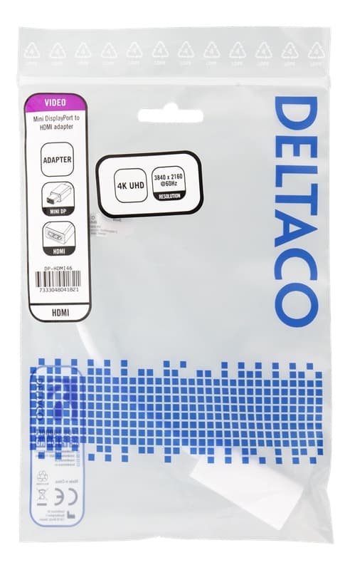 DELTACO Mini DisplayPort til HDMI-adapter, 4K 60 Hz, 0,2 m, hvit