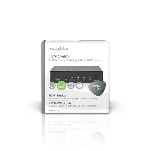 Nedis HDMI ™ Switch | 3-Port port(s) | 1x USB-C™ / 2x HDMI™ Inngang | 1x HDMI ™ -utgang | 4K@60Hz | 18.0 Gbps | Metall | Antrasitt