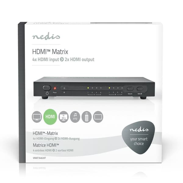 Nedis HDMI ™ Matrix Switch | 4 x 2-Port port(s) | 4x HDMI ™ -indgang | 2x HDMI™ Output | 4K@30Hz | 3.4 Gbps | Fjernstyret | Metal | Antracit