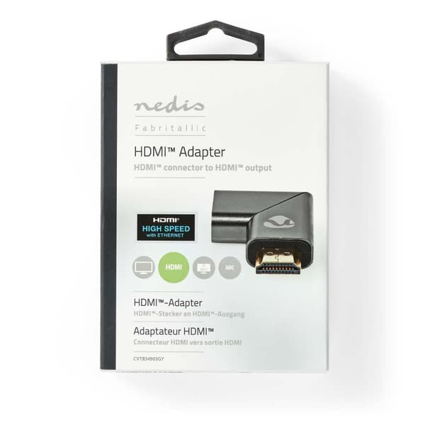 Nedis HDMI™ Adapter | HDMI™ Han / HDMI™ Stik | HDMI ™ -udgang | Guldplateret | Vinkel Venstre | Aluminium | Gun Metal Grå | 1 stk. | Cover Window Box