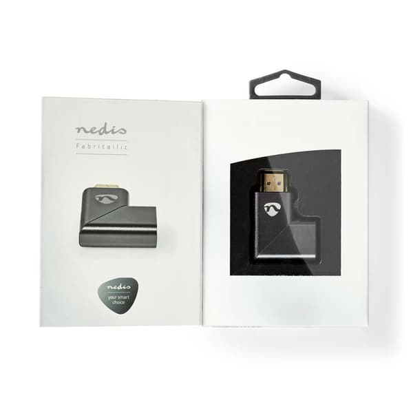 Nedis HDMI™ Adapter | HDMI™ Han / HDMI™ Stik | HDMI ™ -udgang | Guldplateret | Vinkel Venstre | Aluminium | Gun Metal Grå | 1 stk. | Cover Window Box