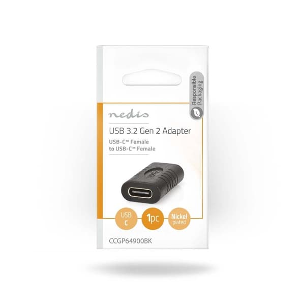 Nedis USB-C™ Adapter | USB 3.2 Gen 2 | USB-C™ Hun | USB-C™ Hun | 4K@60Hz | 10 Gbps | Runde | Nikkelplateret | Sort | Konvolut