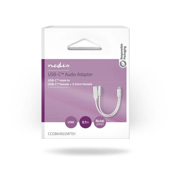 Nedis USB-C™ Adapter | USB 2.0 | USB-C™ Han | USB-C™ Hun / 3.5 mm Hunstik | 0.10 m | Runde | Nikkelplateret | PVC | Hvid | Box