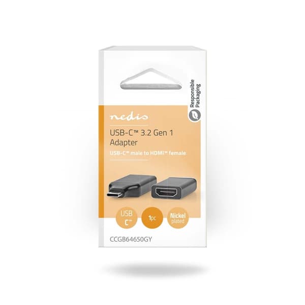 Nedis USB-C™ Adapter | USB 3.2 Gen 1 | USB-C™ Han | HDMI ™ -udgang | 4K@60Hz | Runde | Nikkelplateret | Grå / Sort | Box