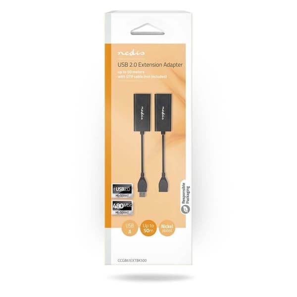 Nedis USB-förlängare | USB 2.0 | 1x USB-A Hane | 1x RJ45 Female | 1x USB-A Hona | 1x RJ45 Female | 50 m | 480 Mbps | Nickelplaterad | Rund | PVC | Sva