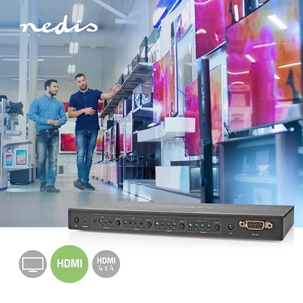 Nedis HDMI ™ matris omkopplare | 4x 4 Portar port(s) | DC Ström / 1x RS232 / 4x HDMI™ Ingång | 4x HDMI™ Output | 4K@60Hz | 18 Gbps | Fjärrstyrd | Meta