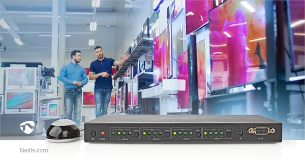 Nedis HDMI ™ matris omkopplare | 4x 4 Portar port(s) | DC Ström / 1x RS232 / 4x HDMI™ Ingång | 4x HDMI™ Output | 4K@60Hz | 18 Gbps | Fjärrstyrd | Meta