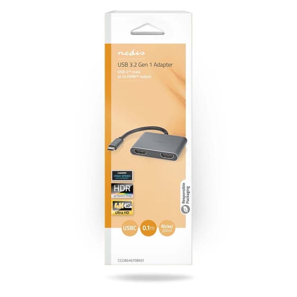 Nedis USB-C™ Adapter | 2-i-1 | USB 3.2 Gen 1 | USB-C™ Hann | 2x HDMI™ | 4K@30Hz | 0.10 m | Rund | Nikkel belagt | PVC | Sort | Boks