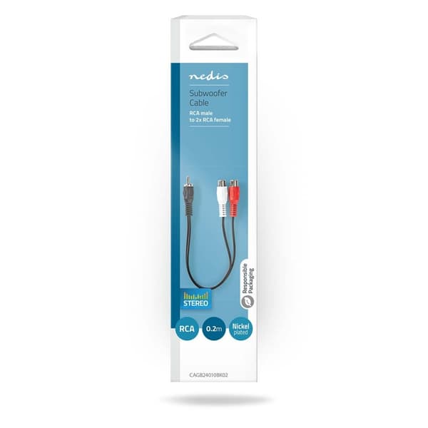 Nedis Subwoofer kabel | RCA Hanstik | 2x RCA Hun | Nikkelplateret | 0.20 m | Runde | 5.0 x 2.5 mm | Sort | Box