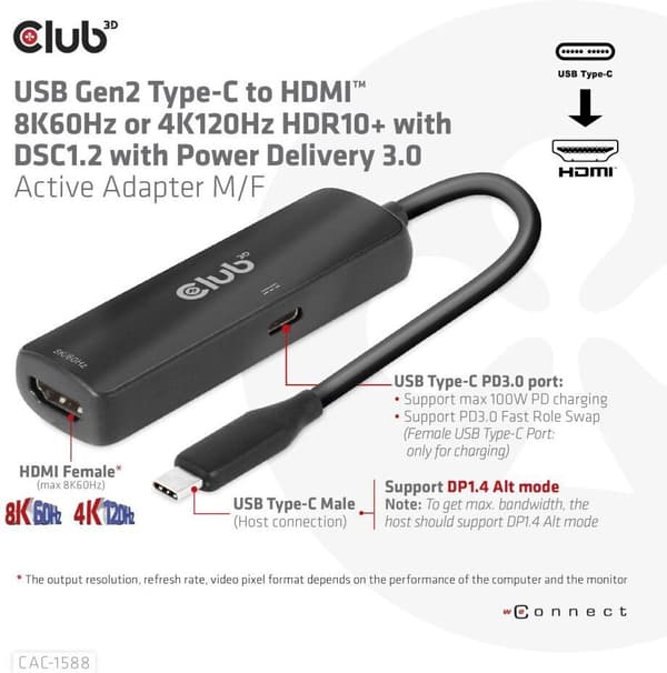 Club 3D CAC-1588 Type C - HDMI 2.1 PD 100W aktiv adapter, 4K120 Hz - 8K60Hz