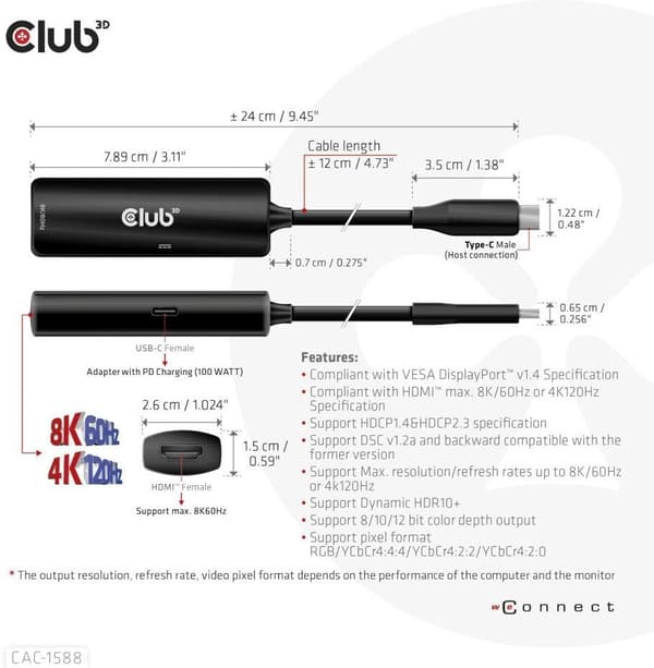 Club 3D CAC-1588 Type C - HDMI 2.1 PD 100W aktiv adapter, 4K120 Hz - 8K60Hz