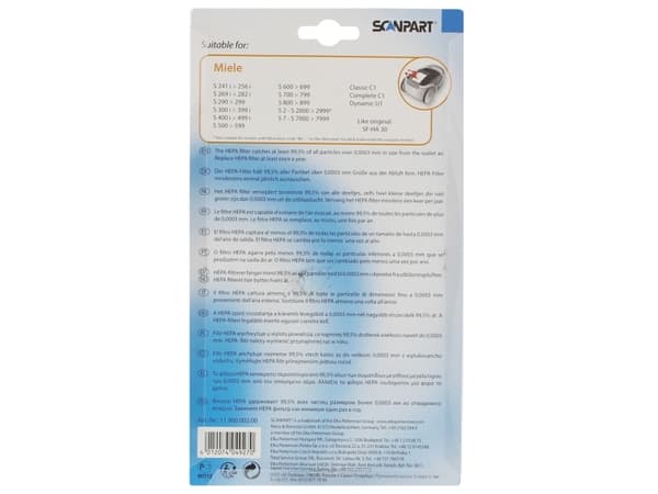 SCANPART 1190000200, Filter, Svart, Miele S200, S300, S400, S500, S600, S700, S800, S2000, S7000, Classic C1, Complete C1 & Dynamic U1, Upphängbar fö
