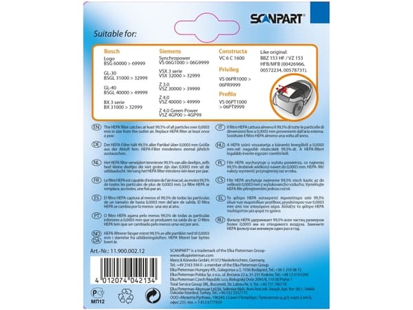 SCANPART 1190000212, Suodatin, sininen, valkoinen, Bosch-logo, GL-30, GL-40, BX3 &amp; Siemens Synchropower, VSX3, Z3.0, Z4.0, ripustuslaatikko, 1 kp