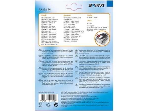 SCANPART 1190000208, Filter, Black, Bosch BB6.., BBS7.., BBS8.., BSA.., BSC.., BSD, BSF, BSG4.. & Siemens VS04G., VS32./33.,..., Hanging box, 1 pc(s)
