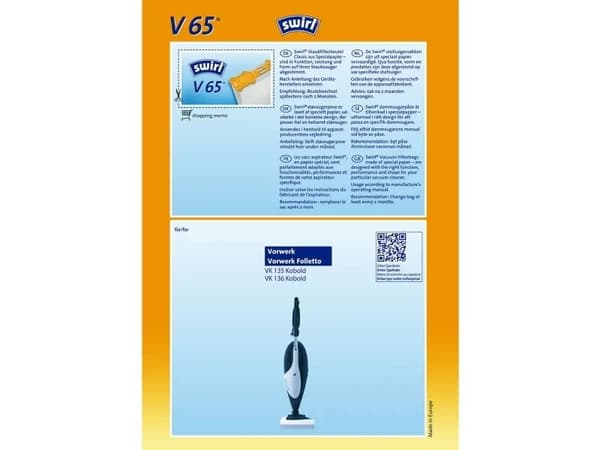 Swirl V 65, Dammpåse, Skaftdammsugare, Vit, papper, Vorwerk Vk 136