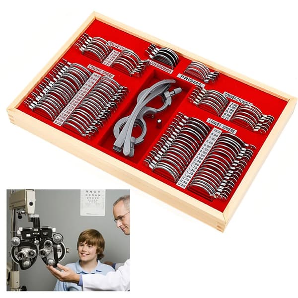 Oftalmisk provlinsuppsättning, komplett 104-delars samling, hållbar aluminiumväska.