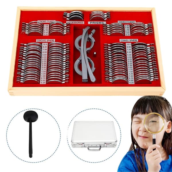 Oftalmisk provlinsuppsättning, komplett 104-delars samling, hållbar aluminiumväska.