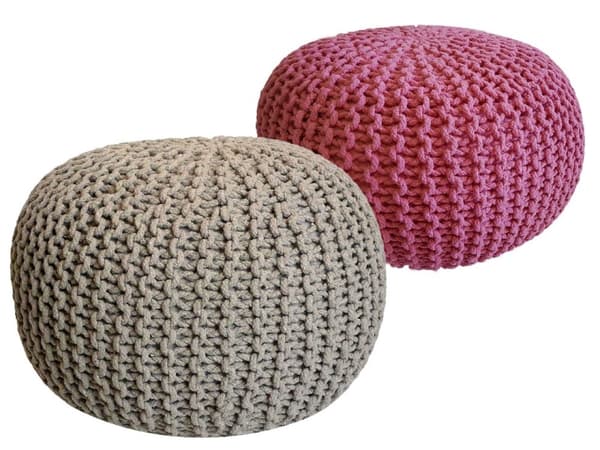Stickad pall pouf set 2 st. h 37 cm Ø 55 cm kudde grovt stickad