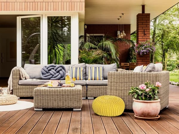 Sittpall pouf set h 37 cm stickning kudde hållbar gul