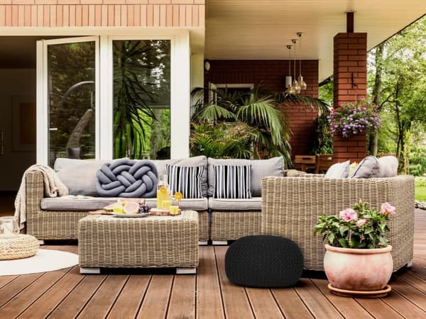 Seat Puff stickad Pall Ø 55 cm Premium Terrass Pool Trädgård- Svart