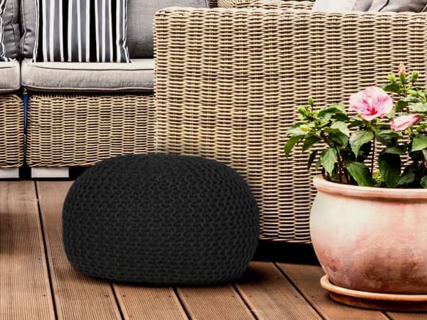 Seat Puff stickad Pall Ø 55 cm Premium Terrass Pool Trädgård- Svart