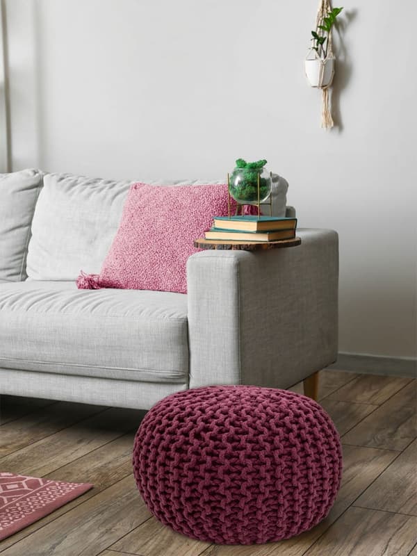Ø 45 cm sittplats puffstol grovt-stickad golv kudde höjd 30 cm bordeaux