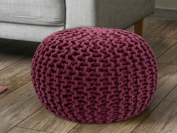 Ø 45 cm sittplats puffstol grovt-stickad golv kudde höjd 30 cm bordeaux