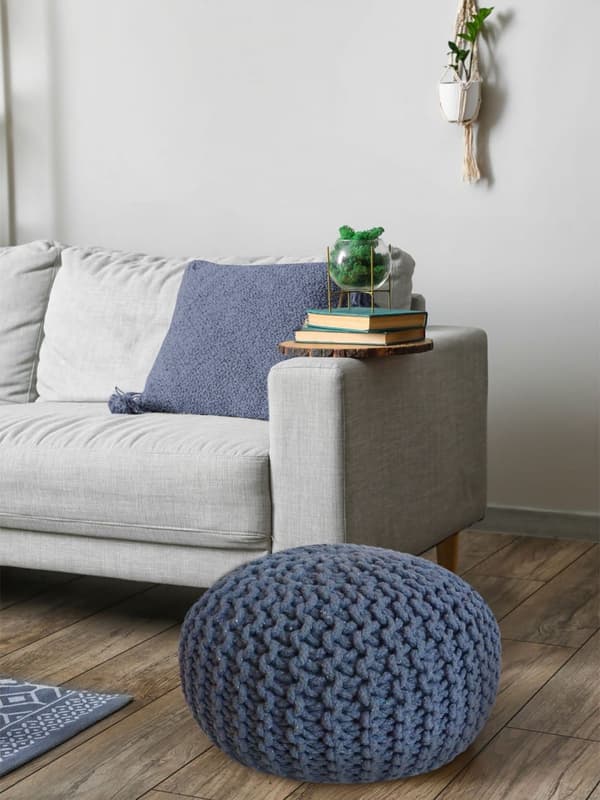 POUF Ø 55 cm Knitting Stool golv kudde hållbar grovt blå