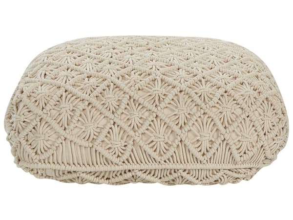 Puf Beige Bomuld 50 x 50 x 20 cm Firkantet Dekorativ Mønstret Gulvpude i Macrame Flet Siddepuf Multifunktionel Fodskammel Indendørs Stue